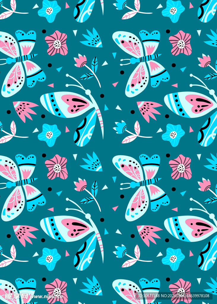 蓝底花卉蝴蝶图案背景