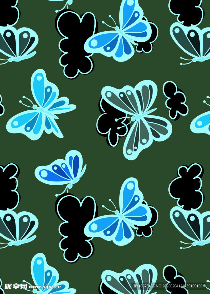 蓝黑蝴蝶绿色背景图案