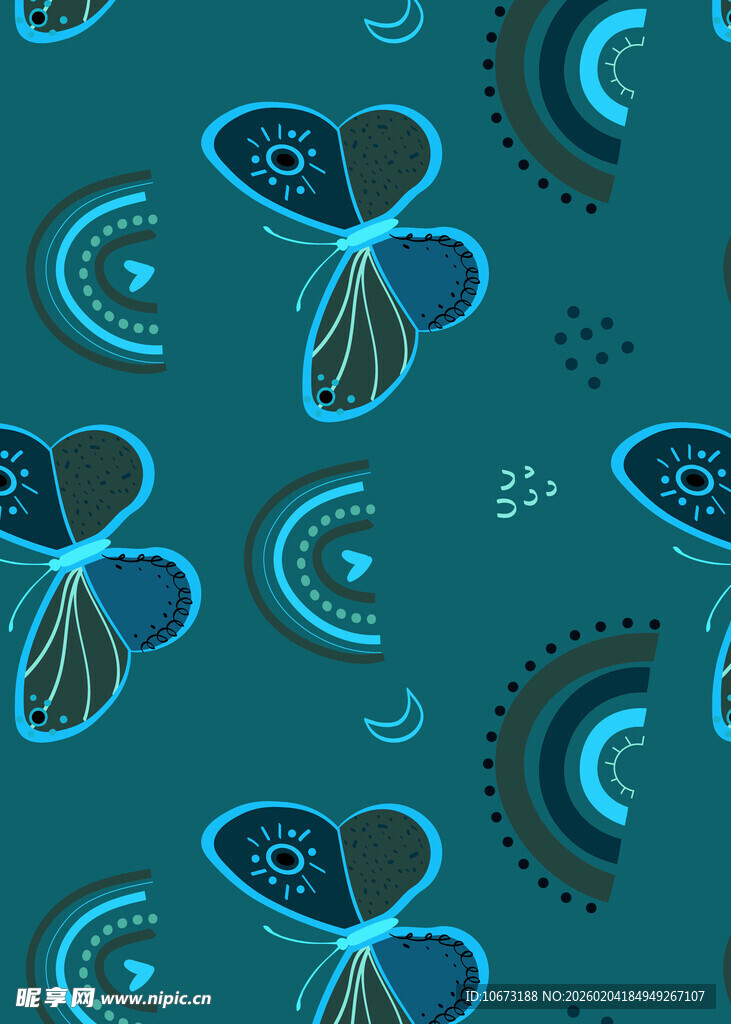 蓝绿色调蝴蝶花纹图案
