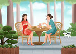 庭院中两位女士惬意下午茶