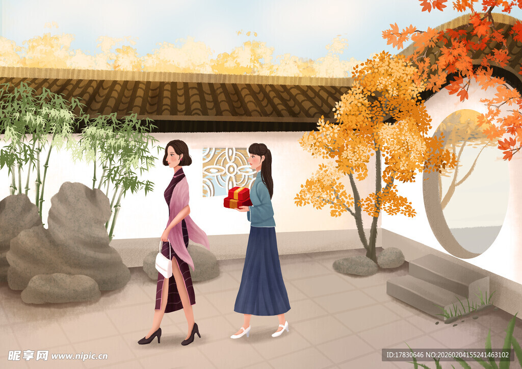 古风庭院中女子优雅漫步