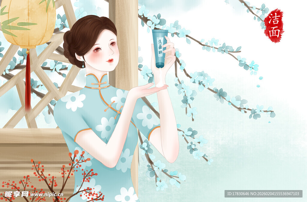 旗袍女子倚栏赏景