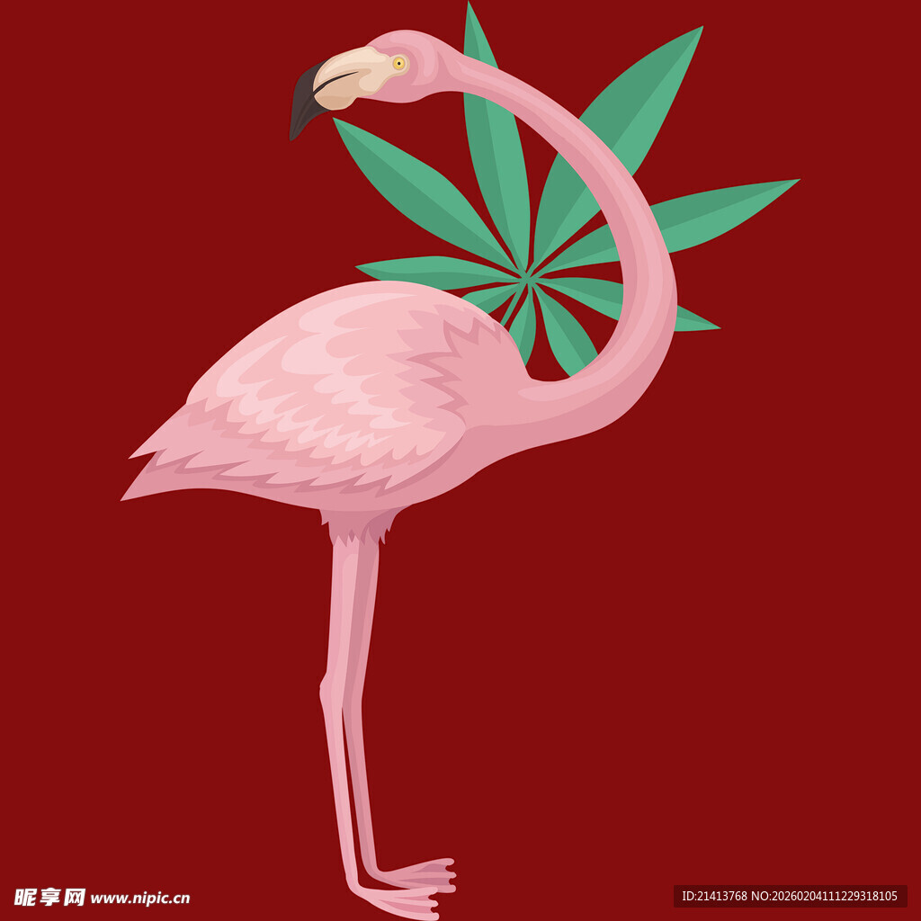 粉色火烈鸟与绿植插画