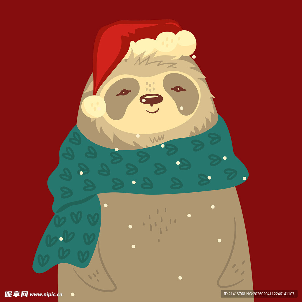 戴圣诞帽围巾的可爱树懒