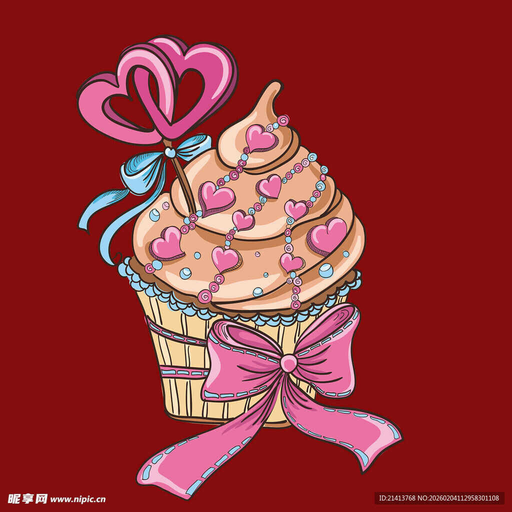 粉色爱心装饰美味纸杯蛋糕