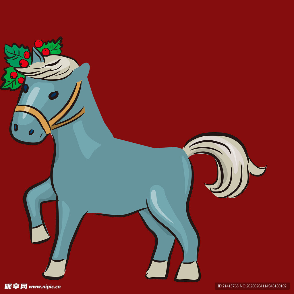 蓝色圣诞小马插画
