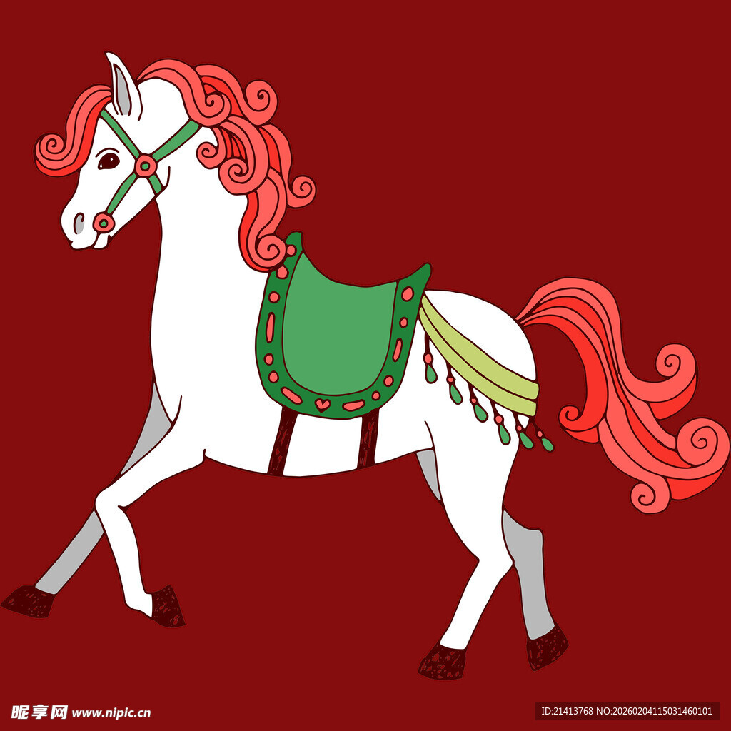 粉色鬃毛的卡通白马