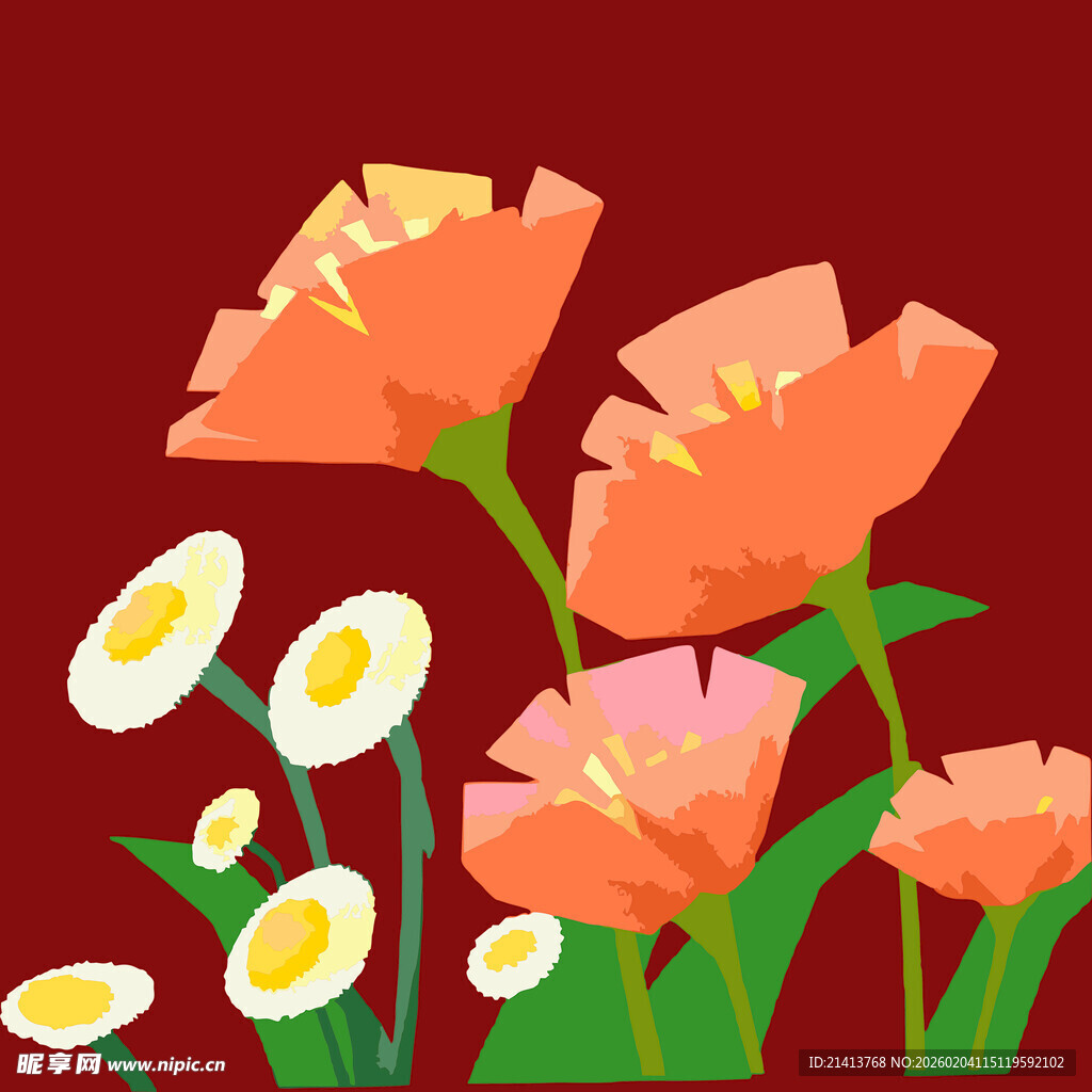 橙色花朵与雏菊插画