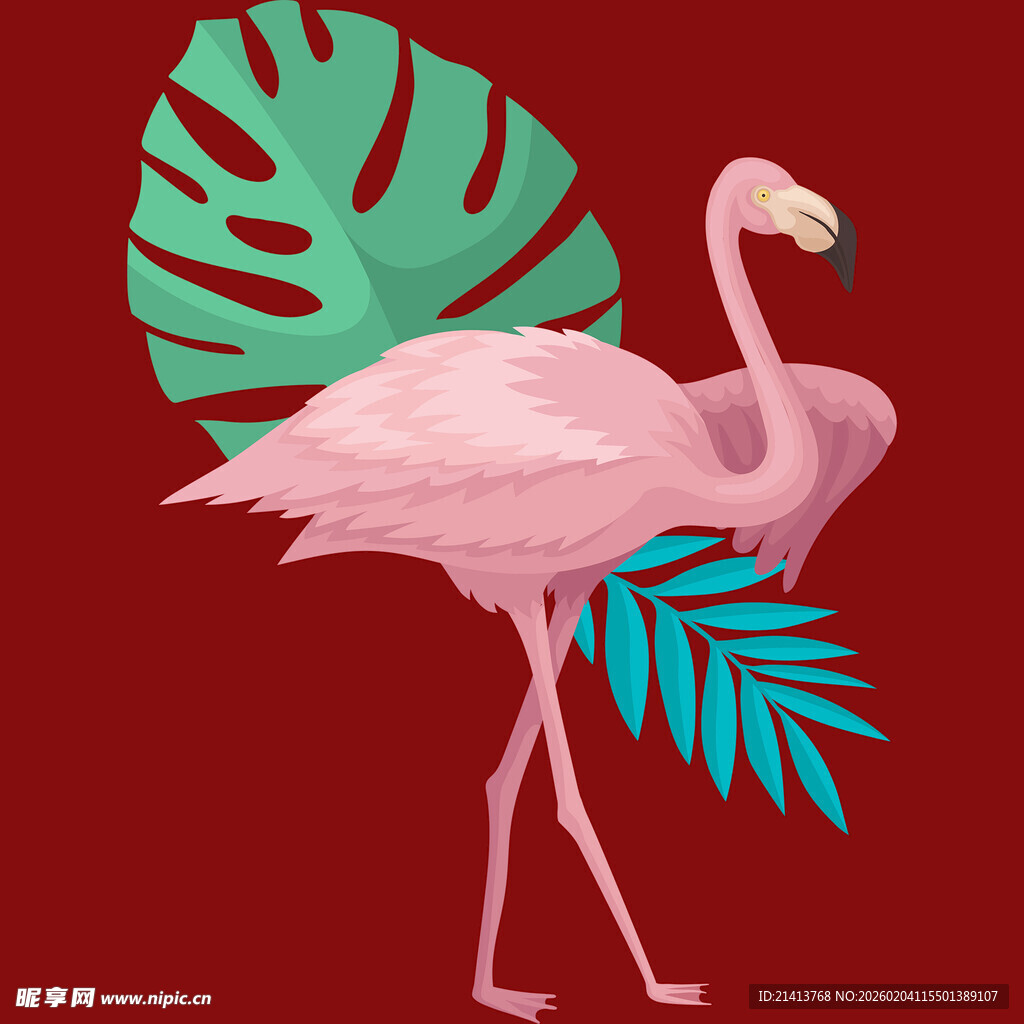 粉色火烈鸟与热带叶片