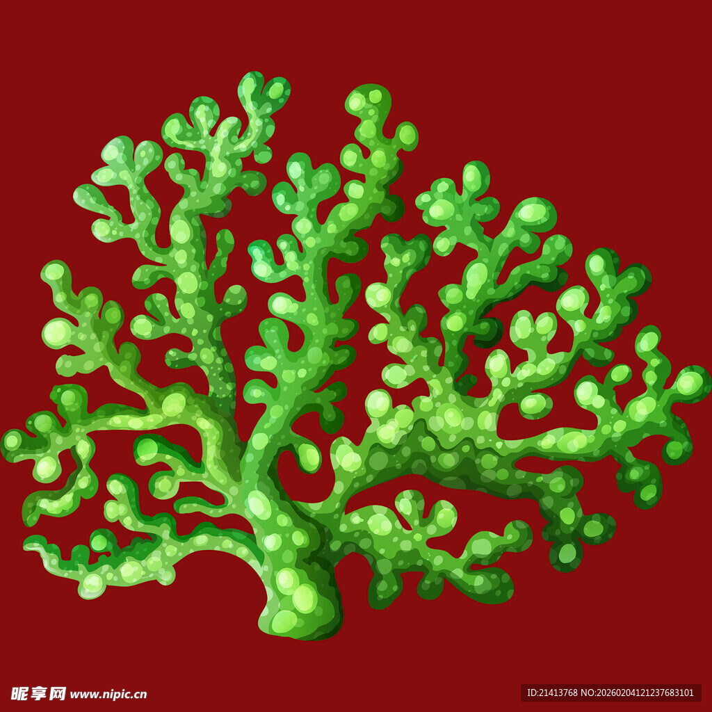 红色背景上的绿色珊瑚
