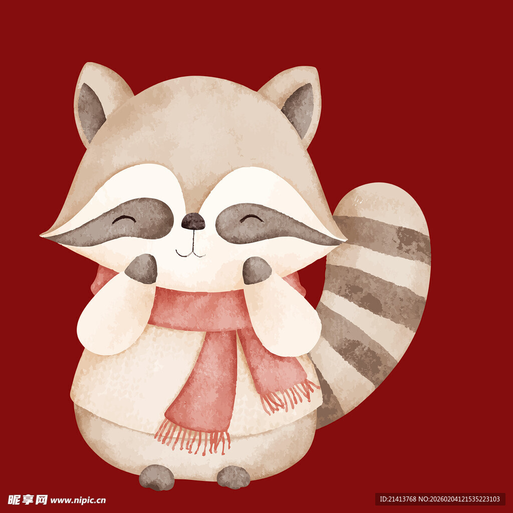 戴围巾的可爱浣熊插画