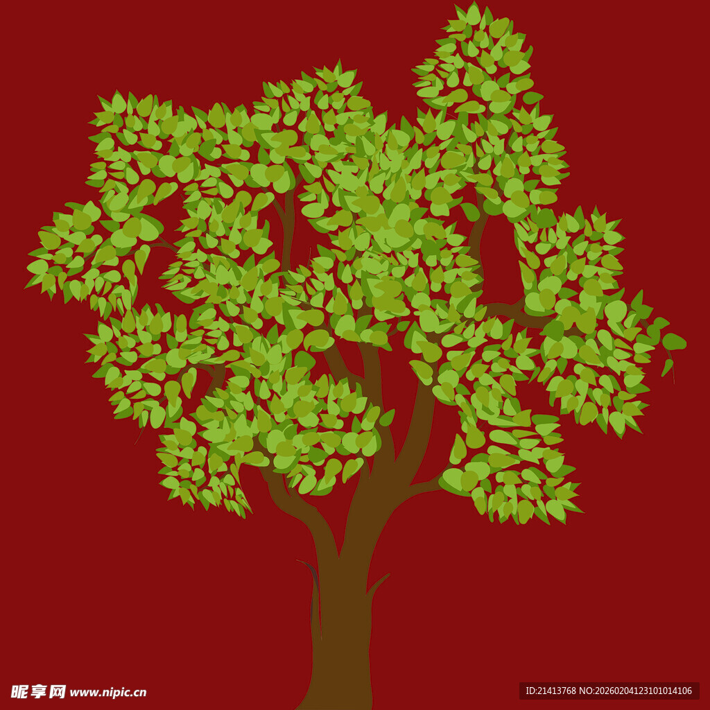 红色背景上的绿色树木