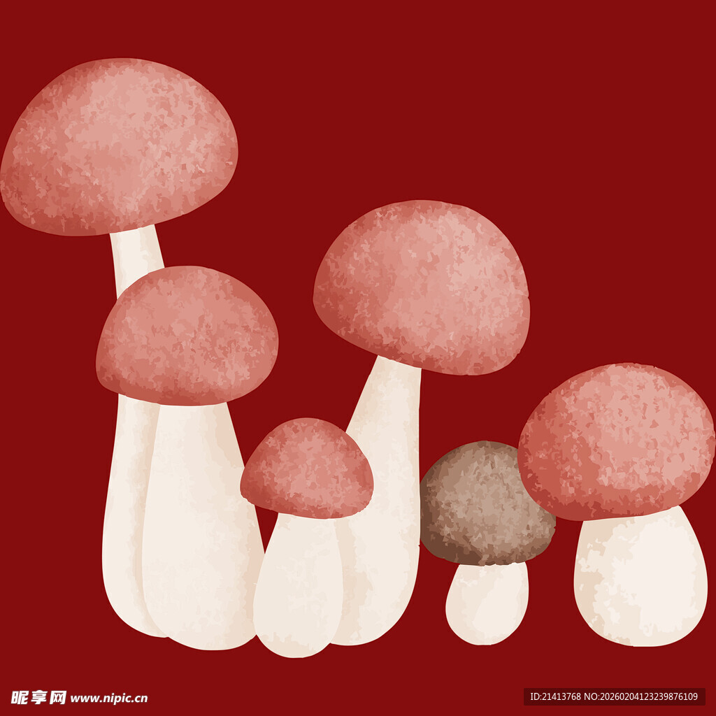 红色背景下的可爱蘑菇群