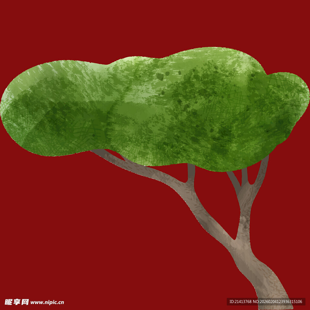 红色背景下的独特造型绿树