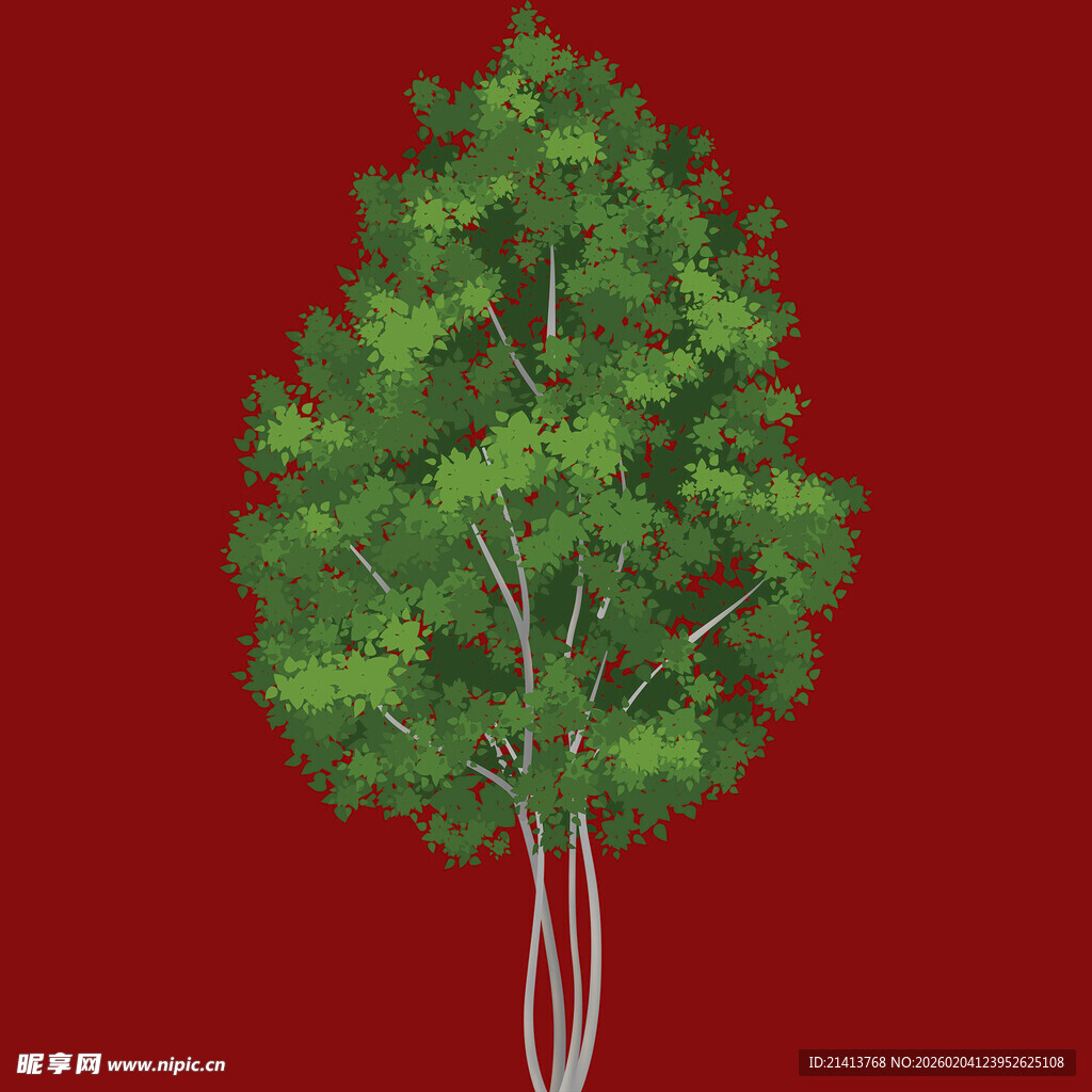 红色背景下的翠绿树木
