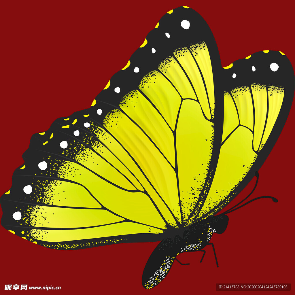 黄色蝴蝶在红色背景飞舞