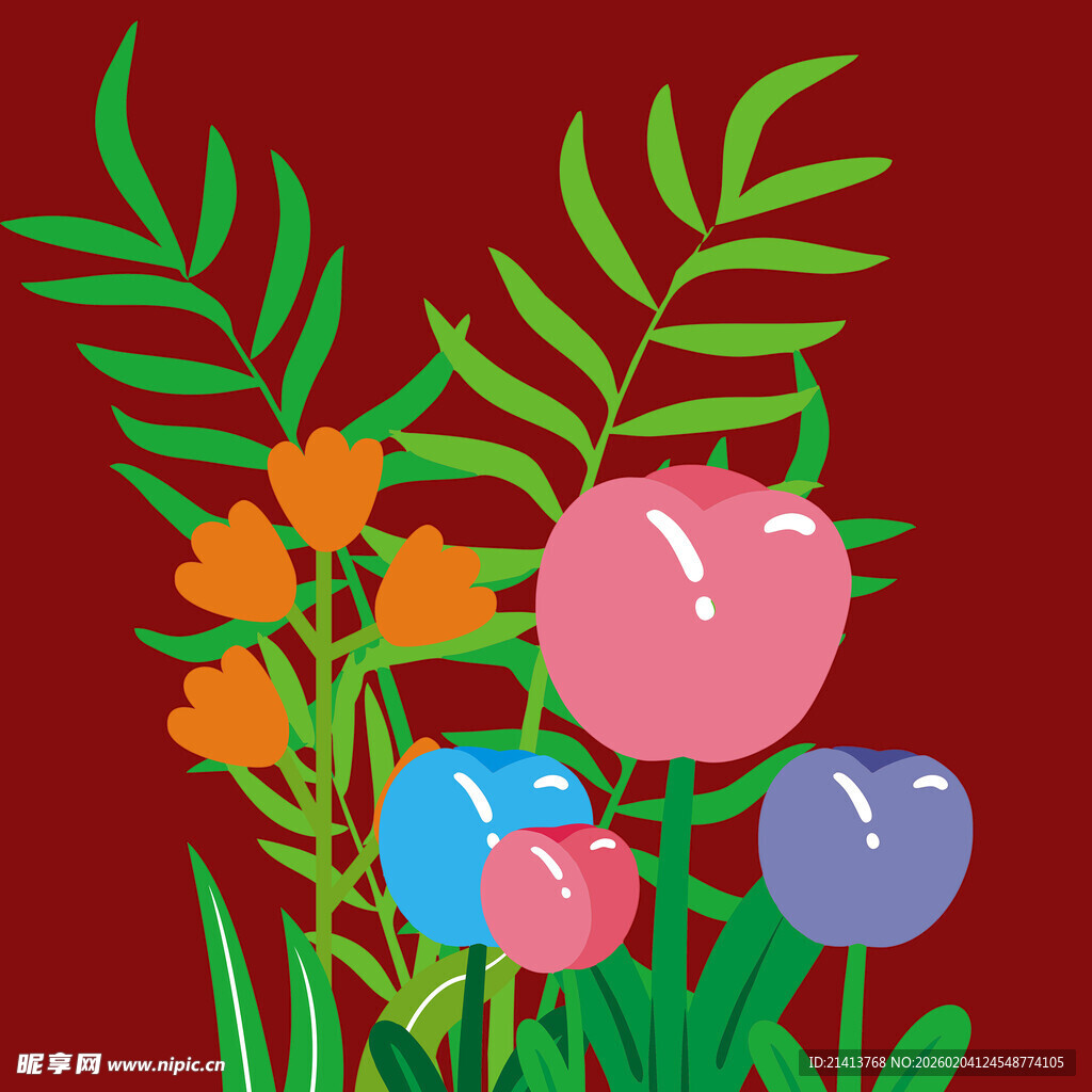 红色背景下的多彩花卉植物