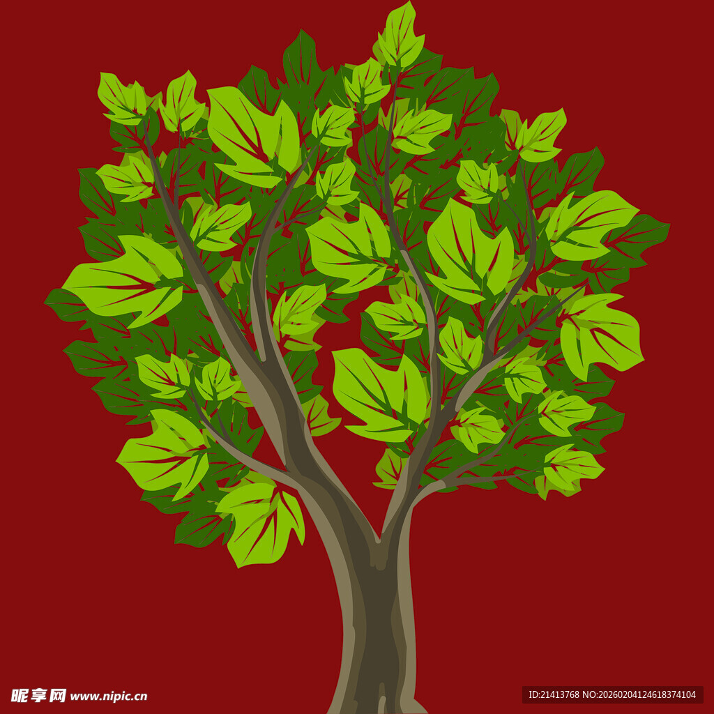 红色背景上的绿叶大树