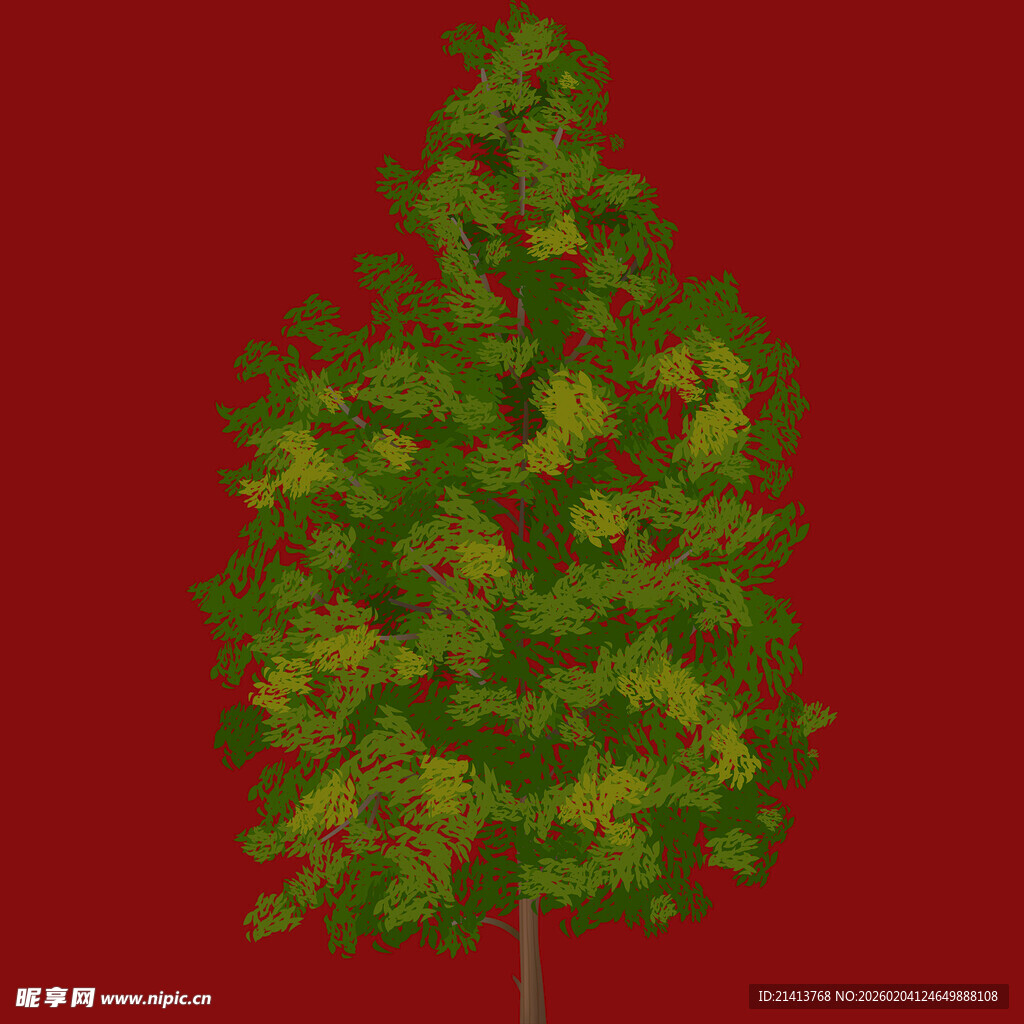 红色背景下的绿色树木