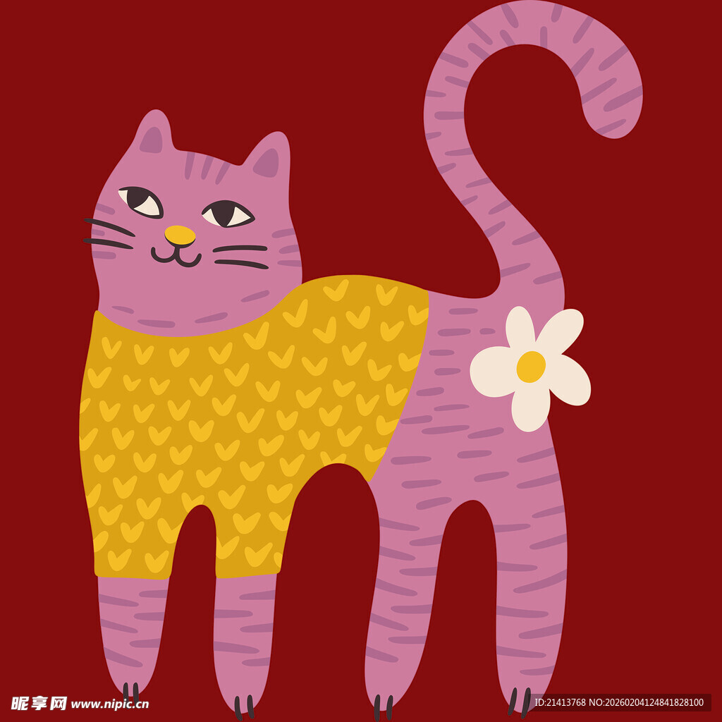 紫色猫咪穿黄衣带小花