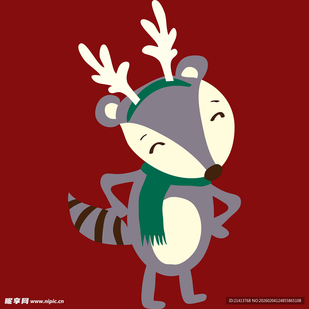 戴鹿角围巾的可爱浣熊