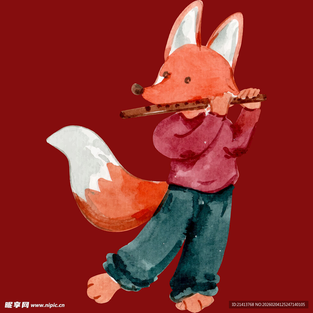 吹笛的狐狸萌趣插画