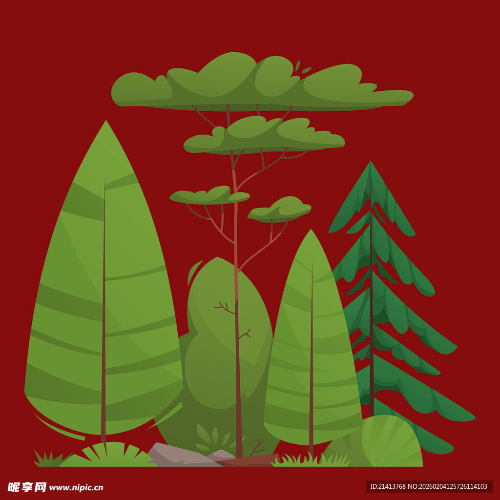 红色背景下的清新树林