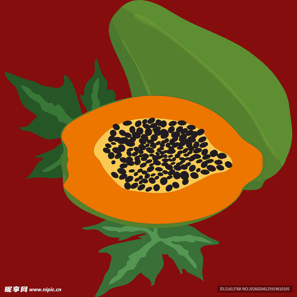 切开的木瓜与绿叶