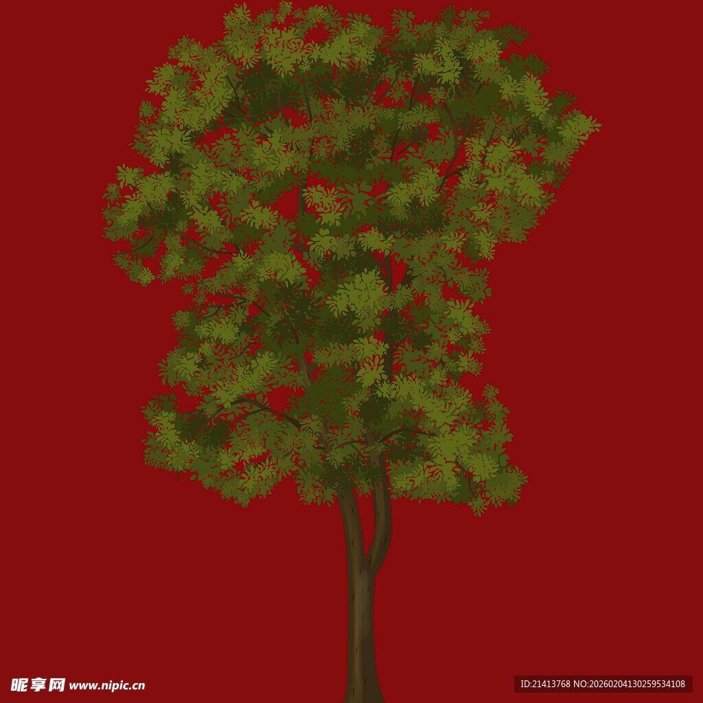 红色背景下的绿色树木