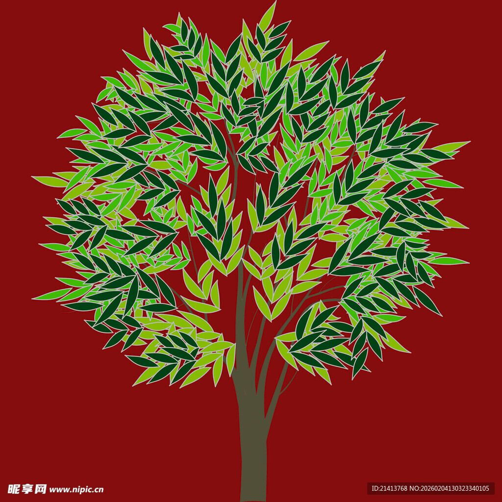 红色背景下的多彩抽象树