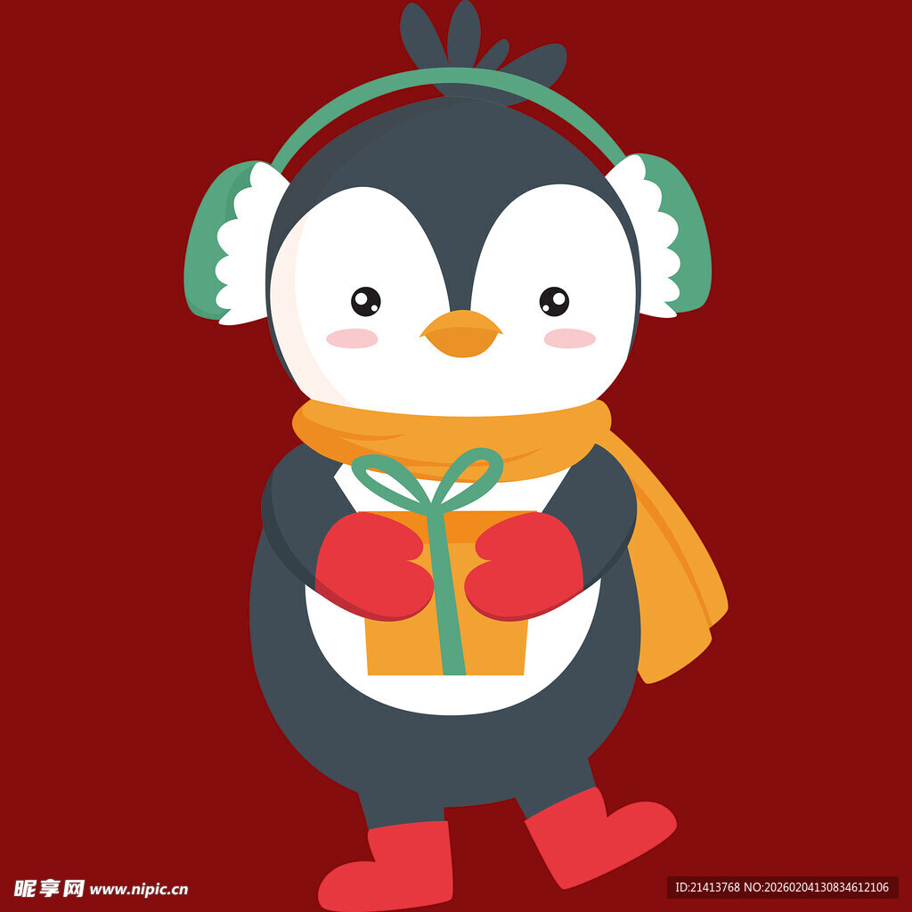 戴耳罩送礼物的可爱企鹅