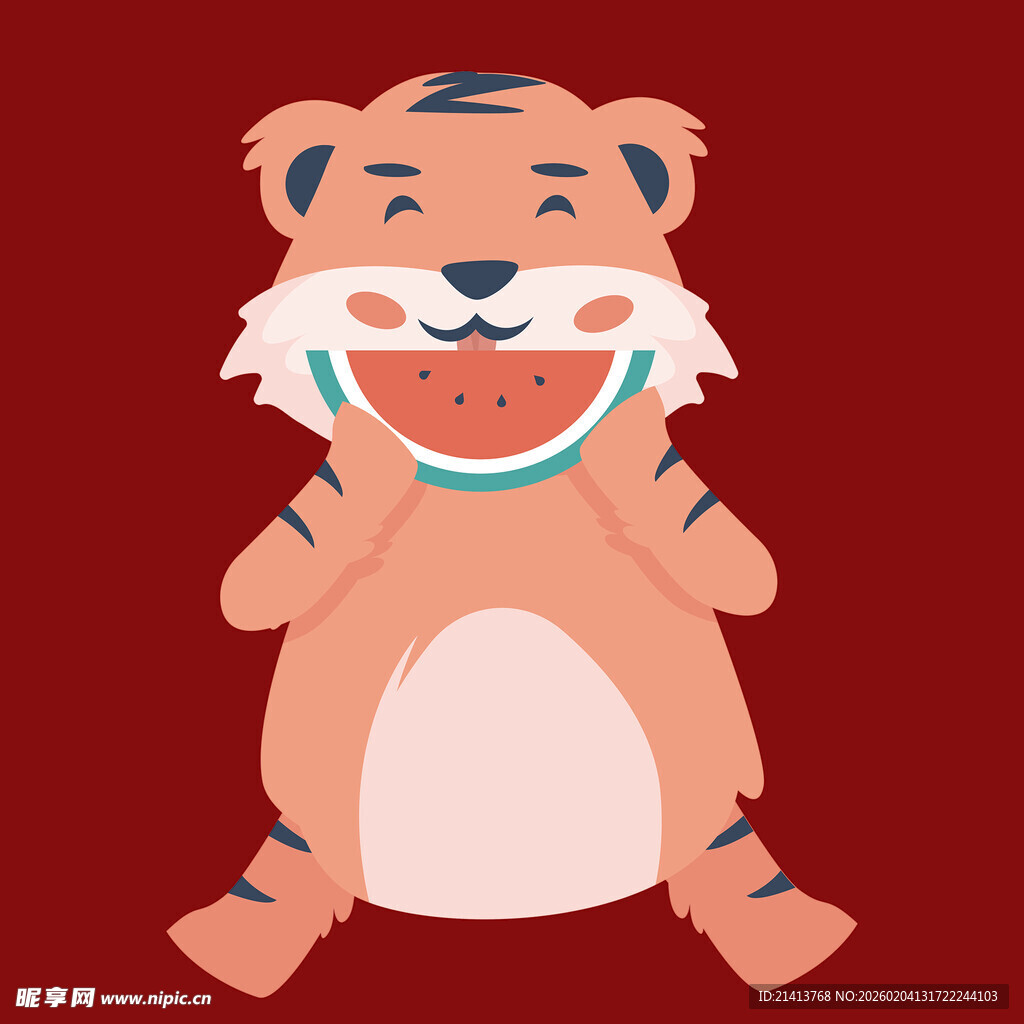 卡通老虎开心吃西瓜