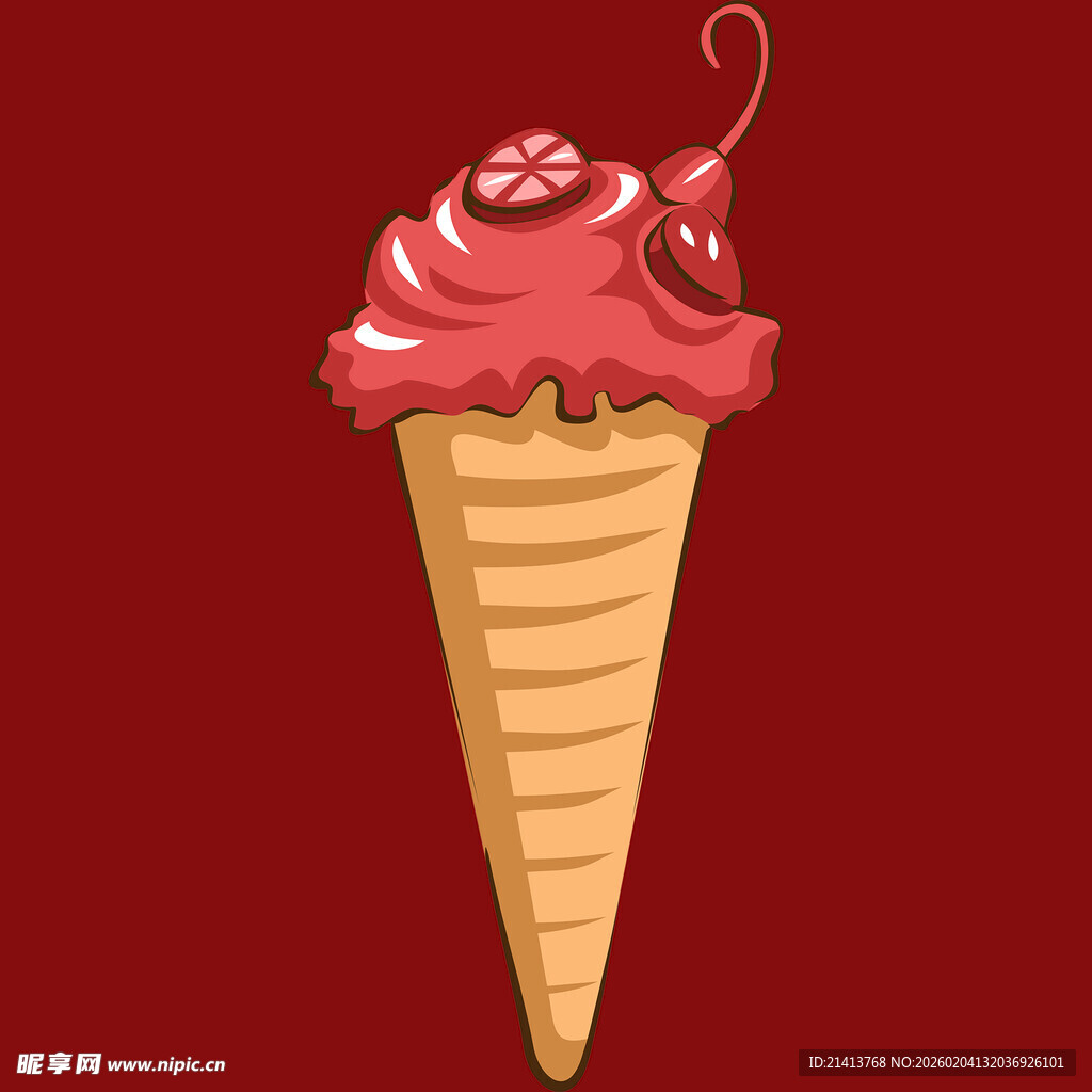 红色背景上的樱桃冰淇淋