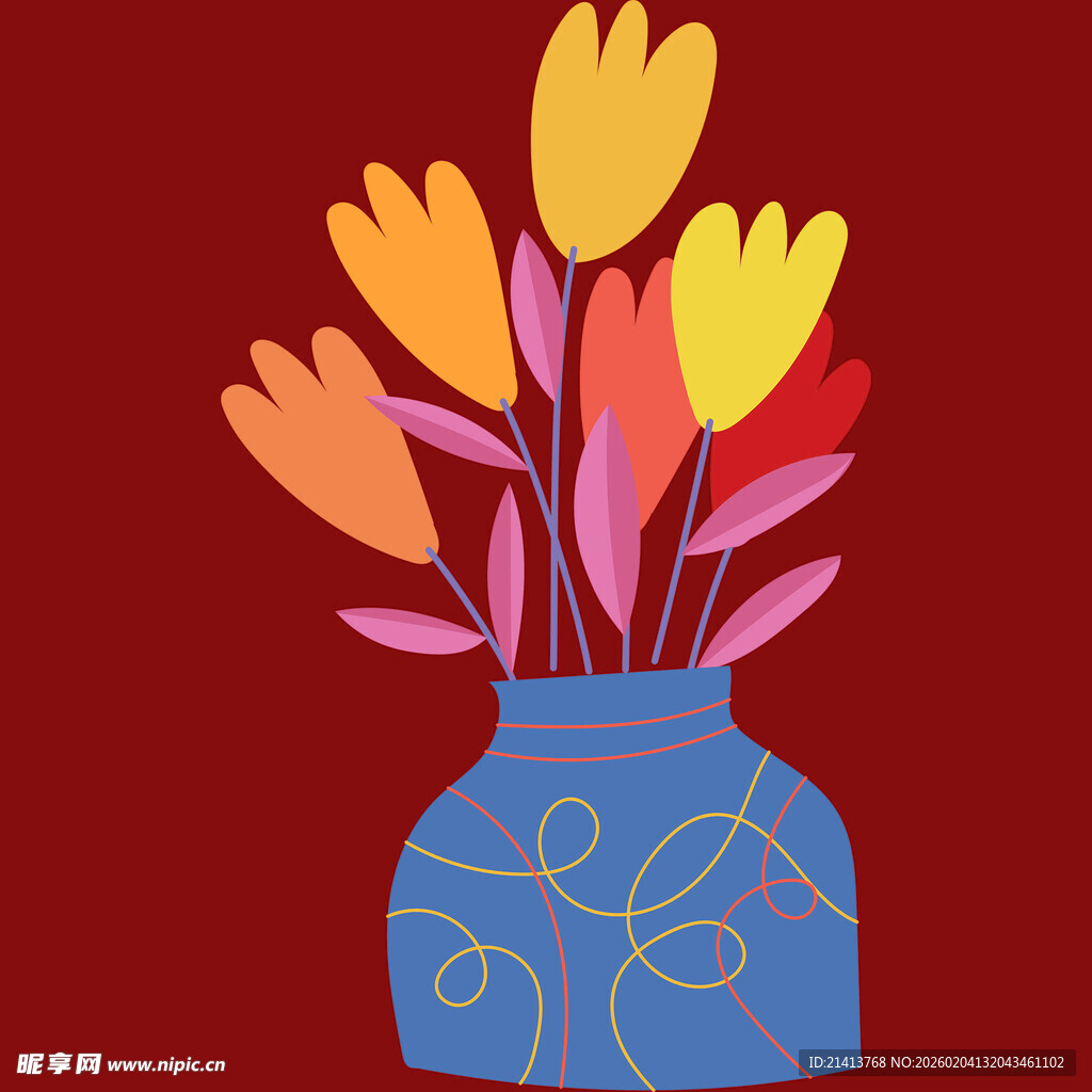 蓝色花瓶中的多彩花朵