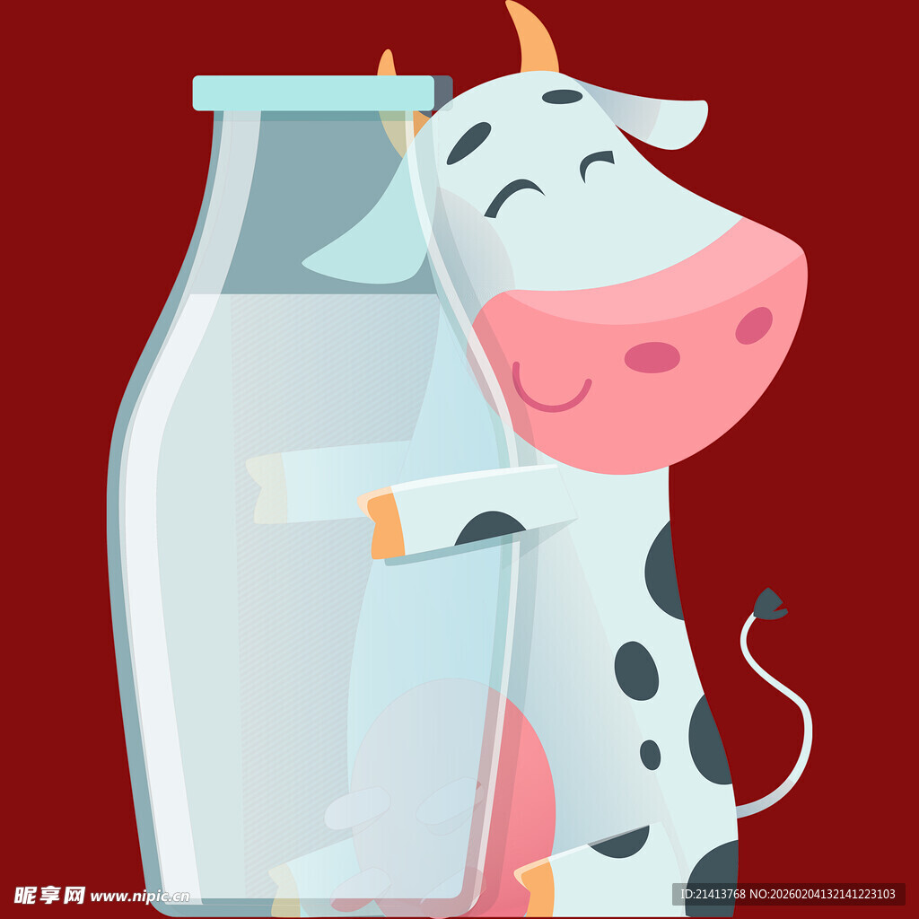 可爱奶牛与玻璃瓶牛奶