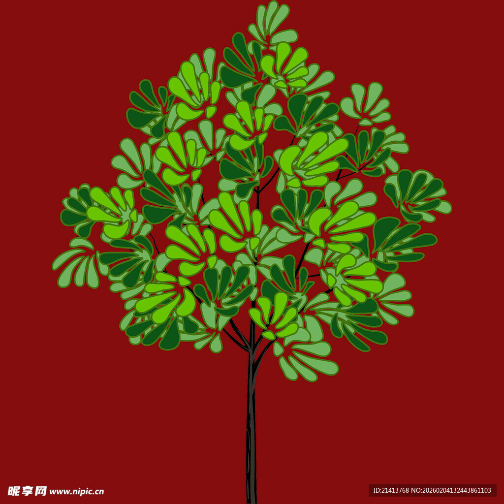 红色背景上的绿叶树