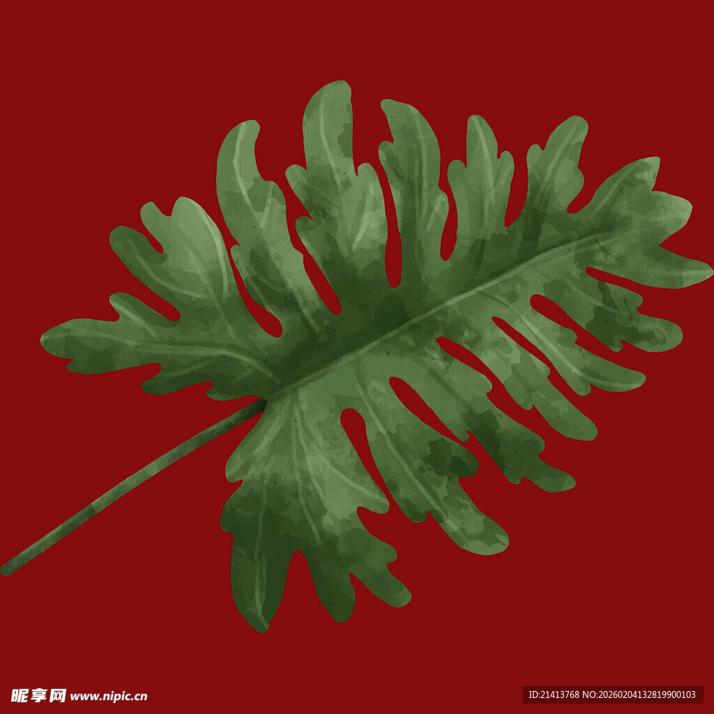 红色背景上的绿色蕨类叶片