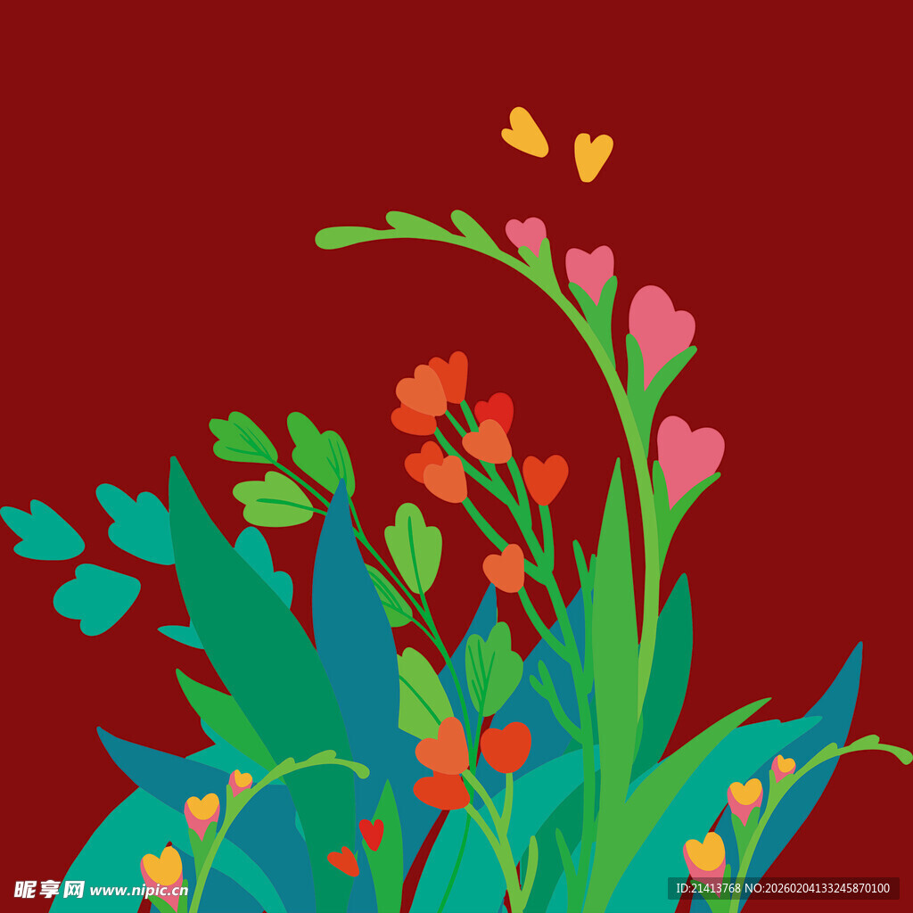 红色背景下的多彩花卉图案