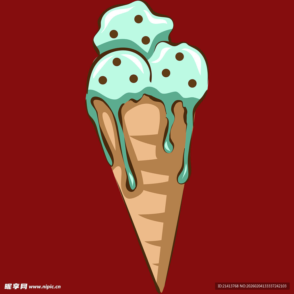 融化的薄荷冰淇淋甜筒