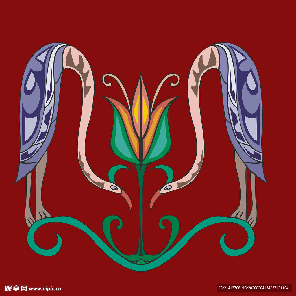 双鹤花卉装饰图案