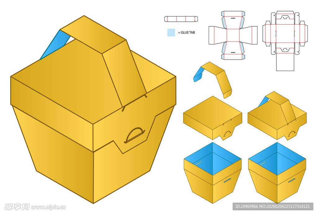 黄色纸盒展开图与成品展示