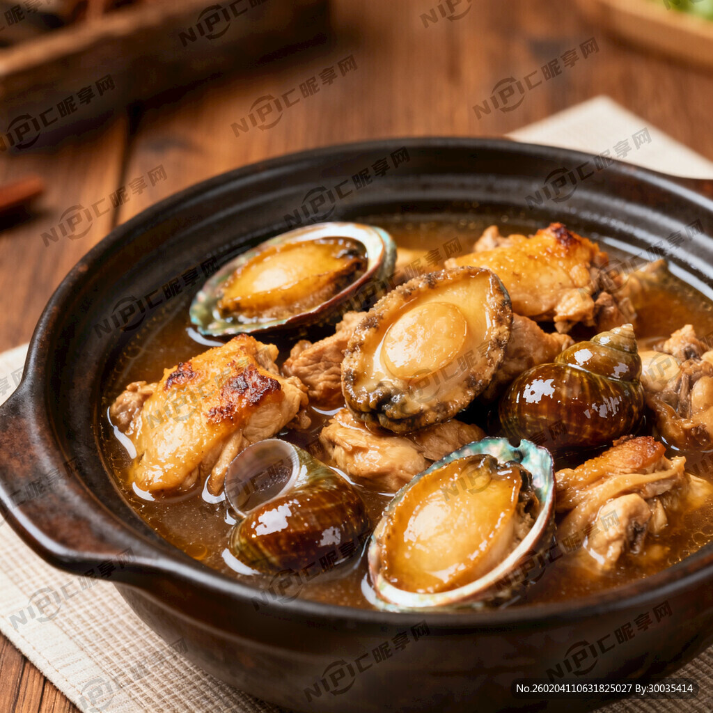 鲍鱼花螺焖鸡摄影图