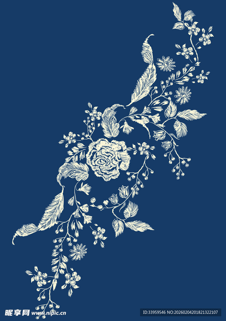 蓝底花卉飞鸟刺绣图案