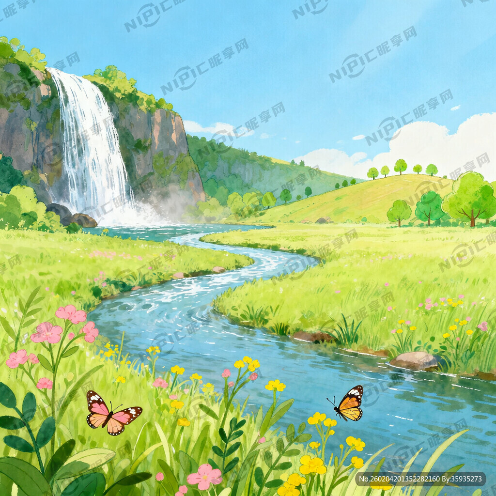 瀑布河流 平原草地 自然风光