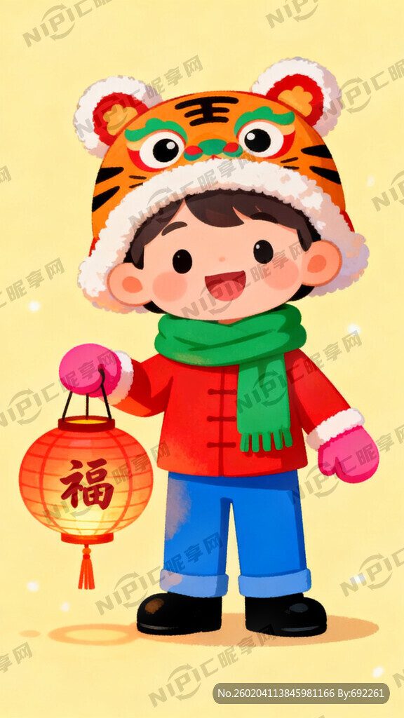 儿童带新年虎头帽 戴绿色围巾 