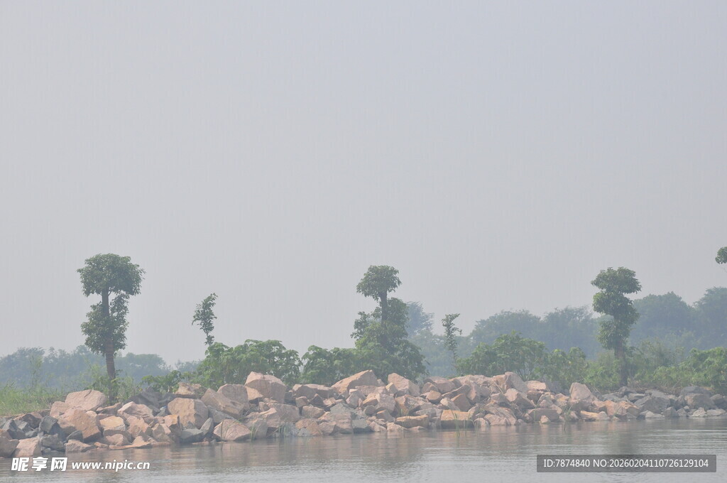 湖畔树木与岩石景观
