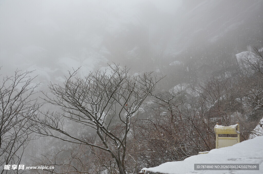 山间雪景 雾霭中的冬日景致
