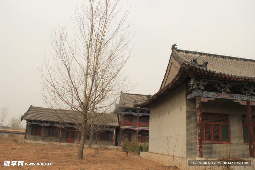 古朴中式建筑与枯树