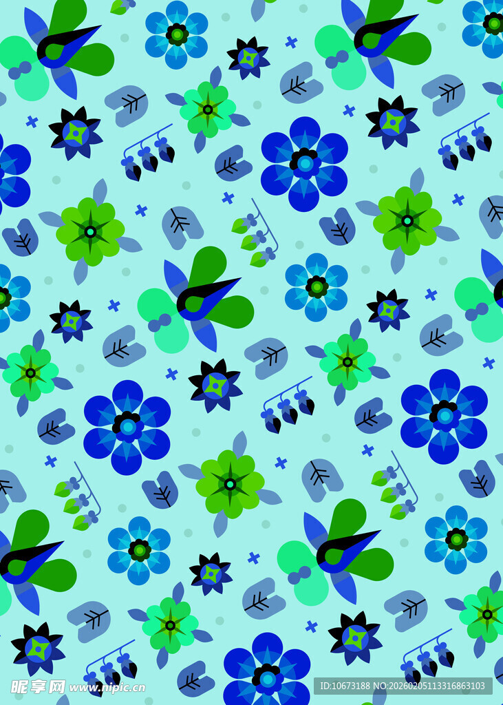 清新蓝绿花卉图案背景