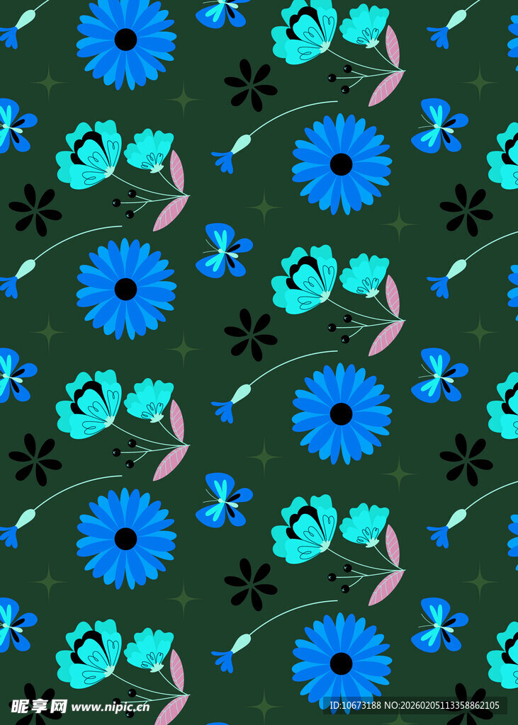 蓝花绿叶图案背景纹理